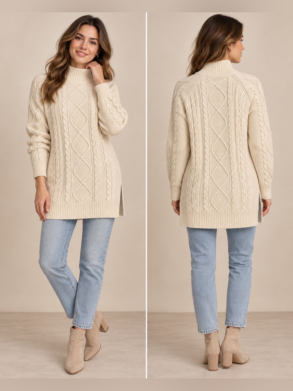 REISS Cable Knit Wool Blend Mock Neck Tunic Sweater Cream Size S